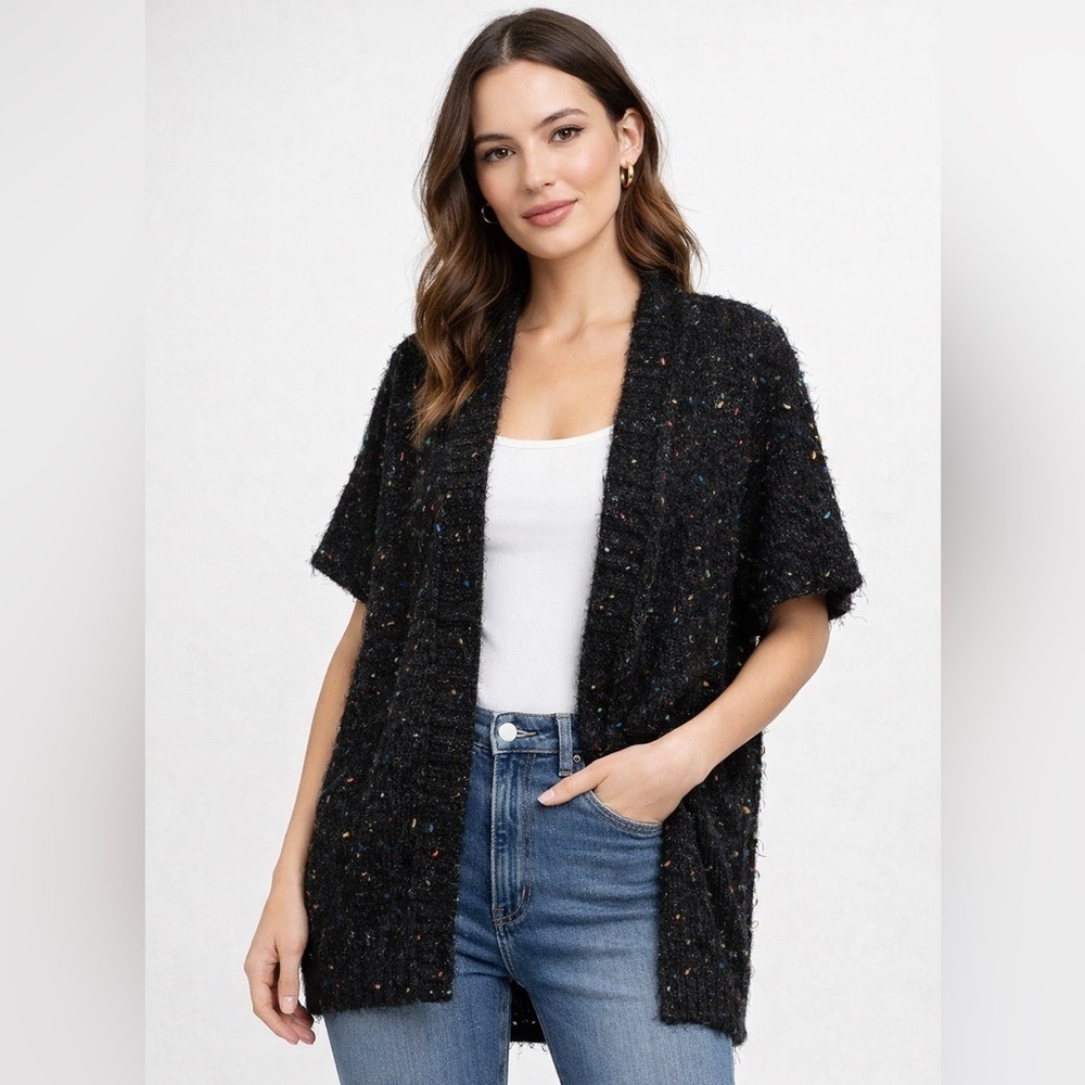BCBGMAXAZRIA Black Confetti Knit Open Cardigan Sweater M